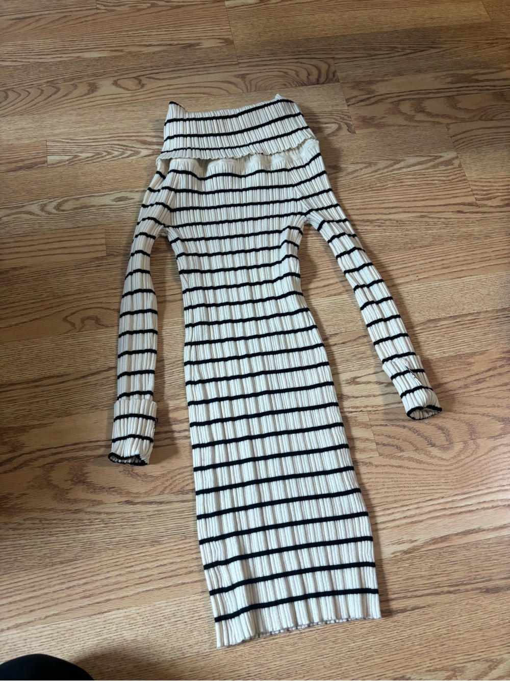 Altar'd State Cream & Black Striped Off-Shoulder Ribbed Dress